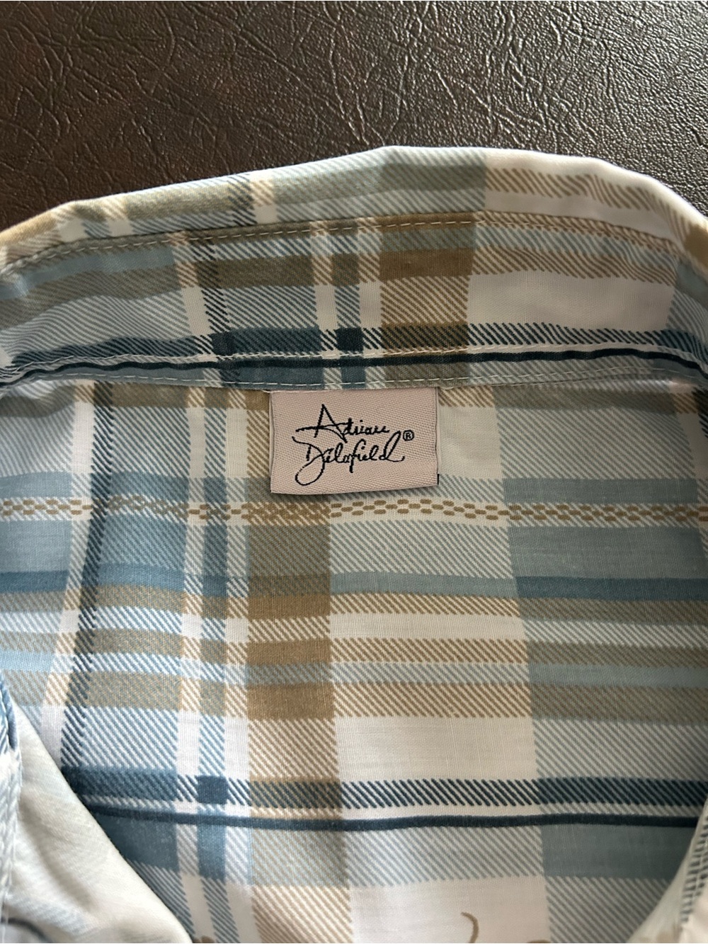Casual Short-Sleeve Plaid Shirt in Light Blue and Tan with Tan Pants - Picture 3 of 10